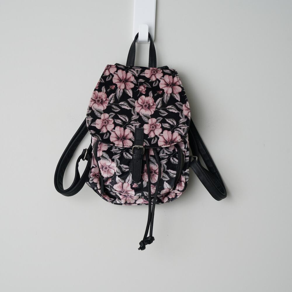 Velour Floral Backpack Faux Leather Straps Drawstring Velvet Mini Front Pocket